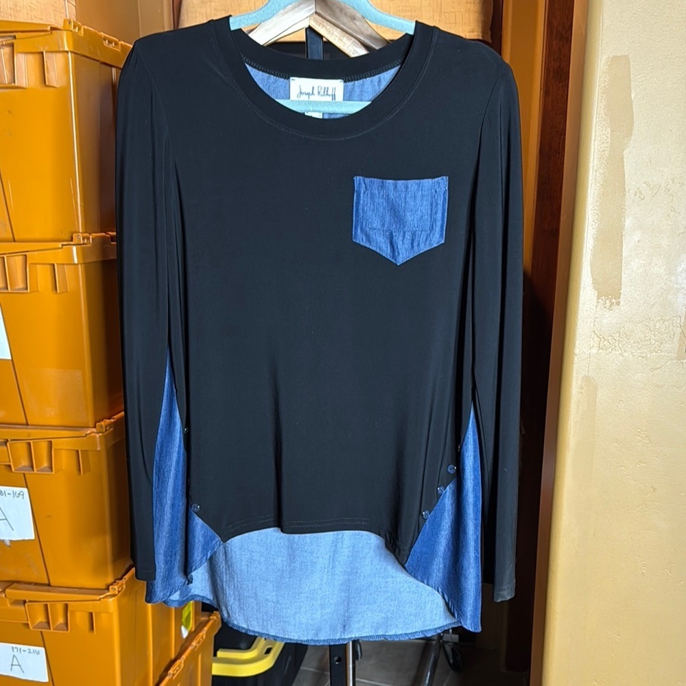 Joseph Ribkoff Black and Blue Long Sleeve Hi Low Shirt Size 10